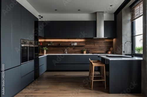 Modern Dark Grey Kitchen Design With Wooden Backsplash