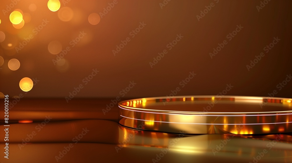 A radiant golden podium set against a black background, adorned with elegant ribbon elements and highlighted by dynamic neon lighting, enhanced by a subtle bokeh A radiant golden podium set against a black background, adorned with elegant ribbon elements and highlighted by dynamic neon lighting, enhanced by a subtle bokeh