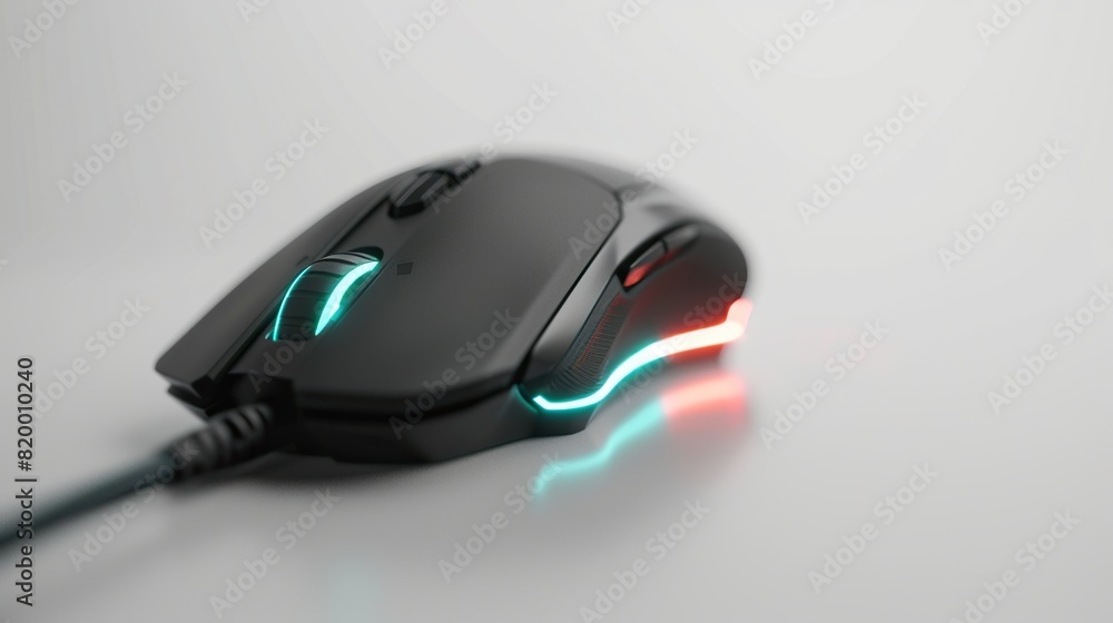 A black computer mouse with rainbow lights on the bottom.

