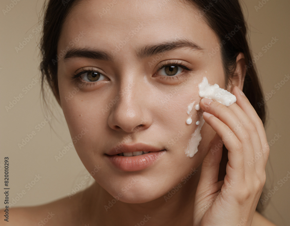 Closeup of a young woman exfoliating her face with a cleansing cream. Female treating her skin with a face scrub to make it more smooth, clean and flawless. Closeup of a young woman exfoliating her face with a cleansing cream. Female treating her skin with a face scrub to make it more smooth, clean and flawless.