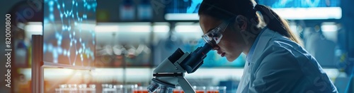 A female scientist is conducting experiments with a microscope in a modern laboratory, advancing medical and scientific innovations in biochemistry, biology, and pharmaceutical fields