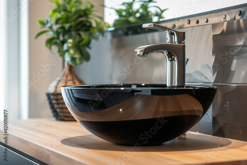 Stylish black glass ellipse wash basin vessel sink and chrome faucet on wooden countertop. Minimalist interior design of modern bathroom.
