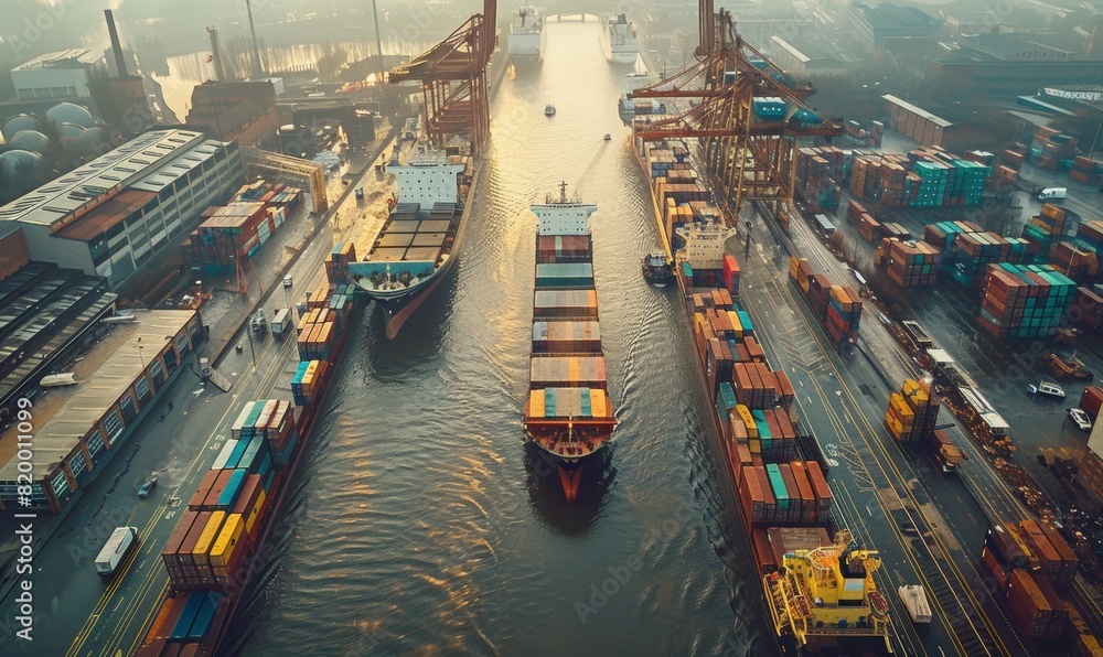 Obraz premium aerial port of large port with containers and ships docked, showcasing the global trade network. A cargo ship is loading stacked shipping containers onto its deck while cranes handle them from above. 