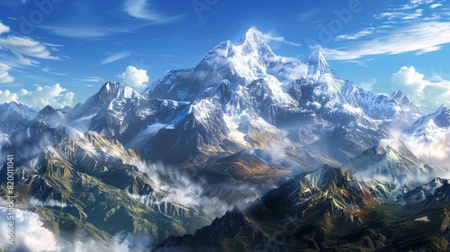 A tall snow-capped mountain with clouds around it. The sky is blue and there are some clouds in the foreground.