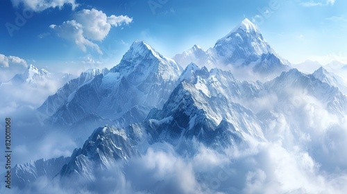 A tall snow-capped mountain with clouds around it. The sky is blue and there are some clouds in the foreground. photo