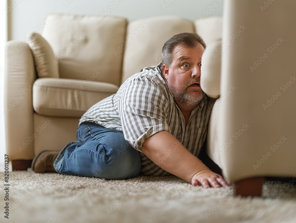 A man is crouching on the floor in front of a couch. He looks like he is in a panic A man is crouching on the floor in front of a couch. He looks like he is in a panic