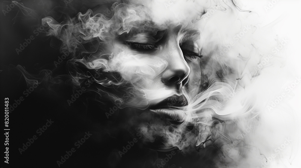 Black and white female face in smoke illustration. Lips and smoke.
Black and white female face in smoke illustration. Lips and smoke.