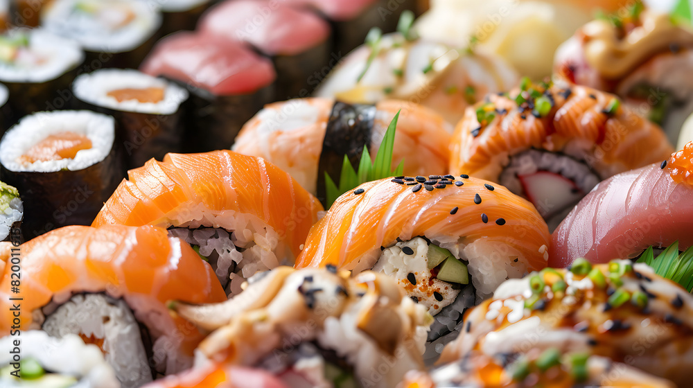 delicious sushi and rolls with salmon, caviar and avocado delicious sushi and rolls with salmon, caviar and avocado