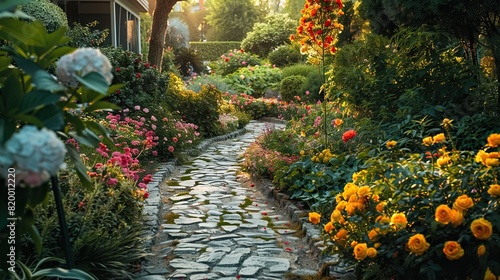 A stone slab path winds through a lush garden filled with various flowers and plants with a warm glow of sunlight shining through the trees.