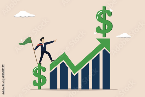 Rising dollar currency, increasing income, dollar currency growth concept, businessman climbing dollar currency growth graph.