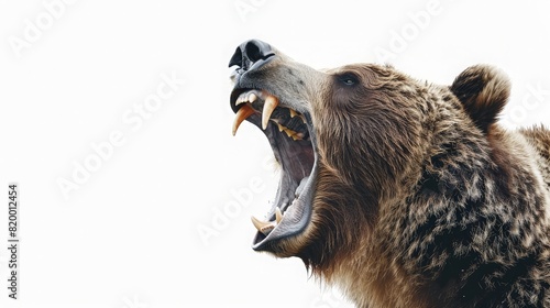 close up Grizzly Roars Warning. On white background. generative ai