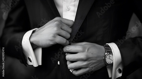 A black-and-white photo of a dapper gentleman adjusting his cufflinks.