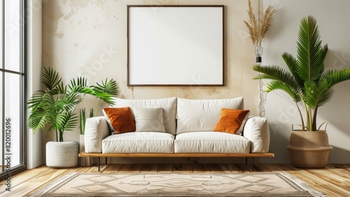 Living room wall with a blank frame  sleek sofa  a rug  and indoor plants  creating a cozy and stylish atmosphere 