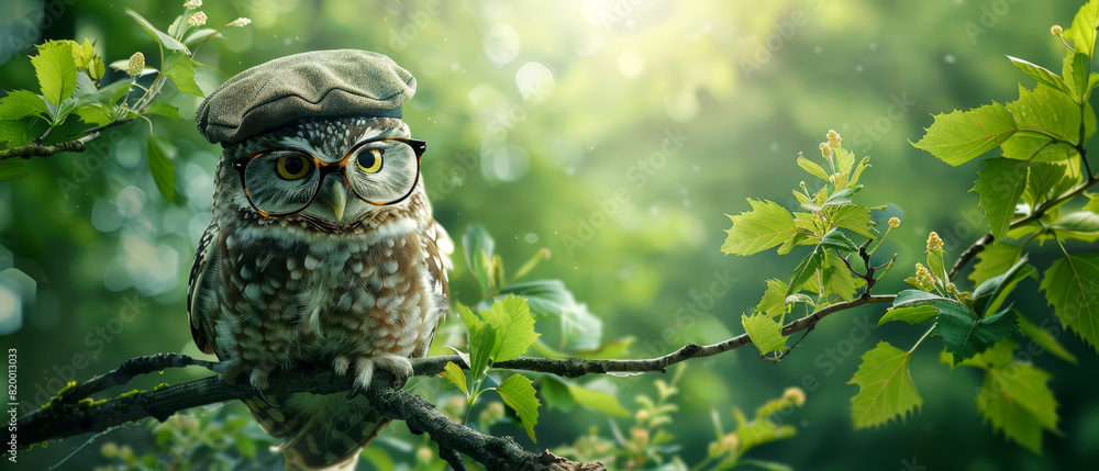 A chic owl wearing a beret and reading glasses, perched on a tree branch with a green forest background A chic owl wearing a beret and reading glasses, perched on a tree branch with a green forest background