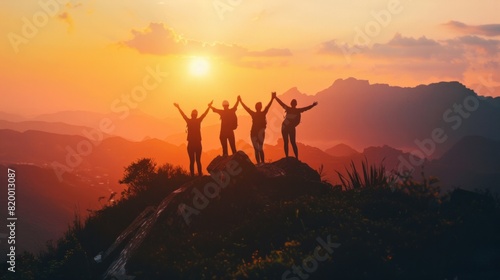 A group of people are standing on a mountain, with the sun setting behind them