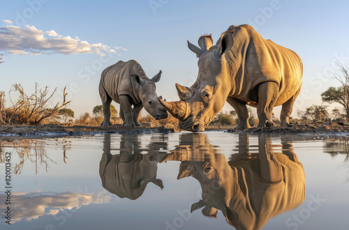 A mother white rhino and her calf at the watering hole