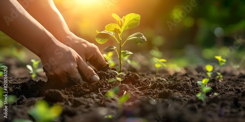 Planting a sapling in fertile soil: A close-up on a sunny day. Concept Planting, Sapling, Fertile Soil, Close-up, Sunny Day