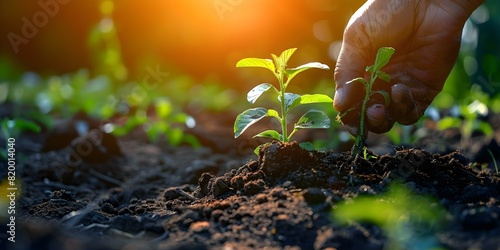 Cultivating a Seedling in Rich Soil under Sunlight for Gardening. Concept Gardening, Seedling, Soil Enrichment, Sunlight Exposure, Plant Cultivation photo