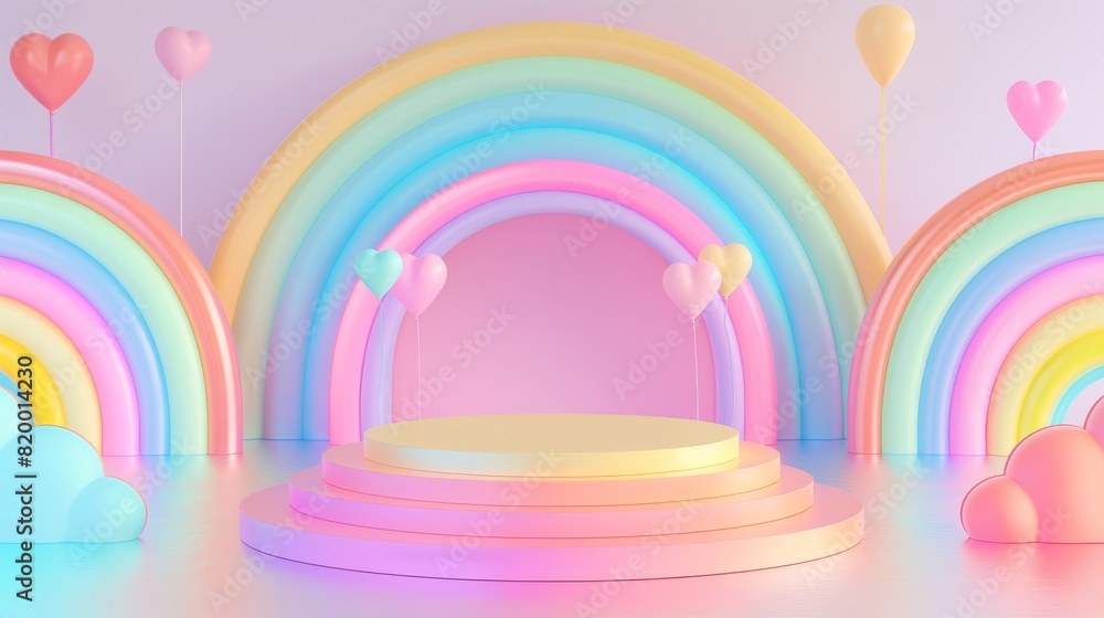 An empty podium on a multicolored rainbow background, an empty showcase for displaying goods. 3D rendering. An empty podium on a multicolored rainbow background, an empty showcase for displaying goods. 3D rendering.