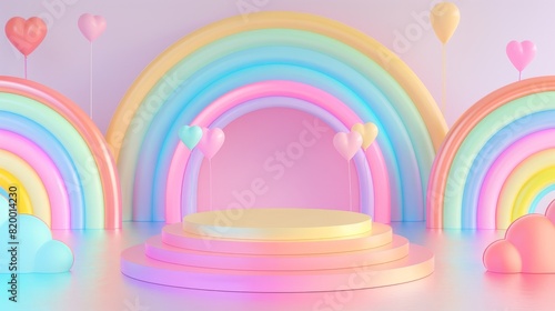 An empty podium on a multicolored rainbow background  an empty showcase for displaying goods. 3D rendering.