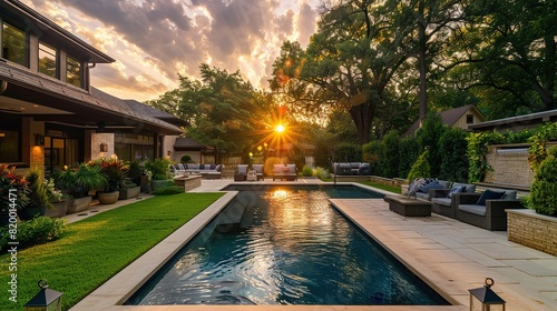 A rectangular pool sits in a backyard surrounded by a stone patio, trees, and lounge chairs. The sun is setting behind the house. photo