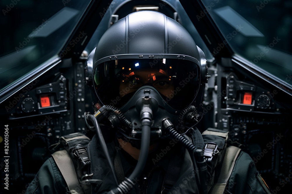 A pilot wearing a helmet in the cockpit of a fighter jet. Test pilot in the aircraft cabin. A pilot wearing a helmet in the cockpit of a fighter jet. Test pilot in the aircraft cabin.