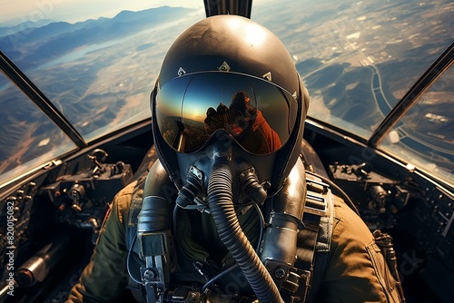 A pilot wearing a helmet in the cockpit of a fighter jet. Test pilot in the aircraft cabin.
