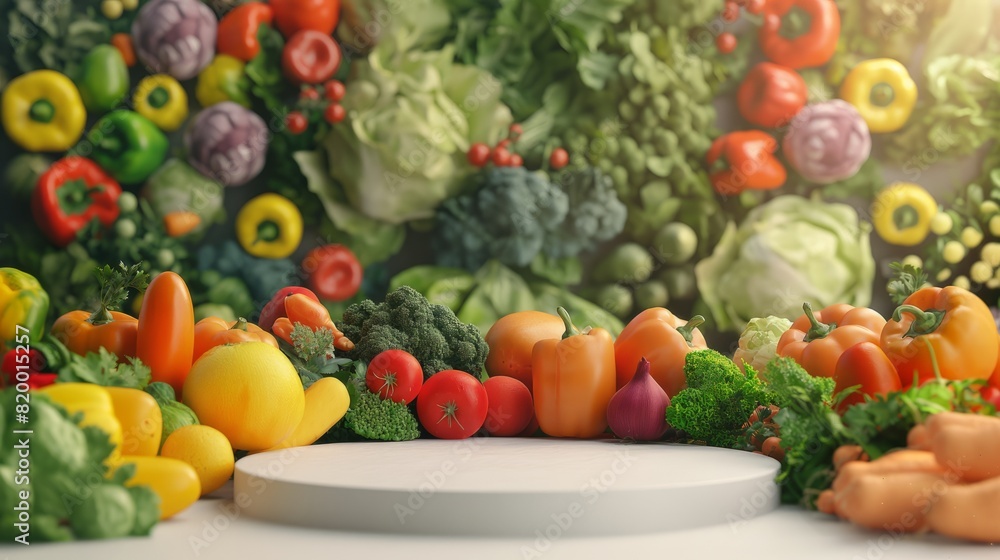 An empty podium with a background of fresh and varied vegetables and herbs, an empty showcase in front for displaying goods. 3D rendering. An empty podium with a background of fresh and varied vegetables and herbs, an empty showcase in front for displaying goods. 3D rendering.