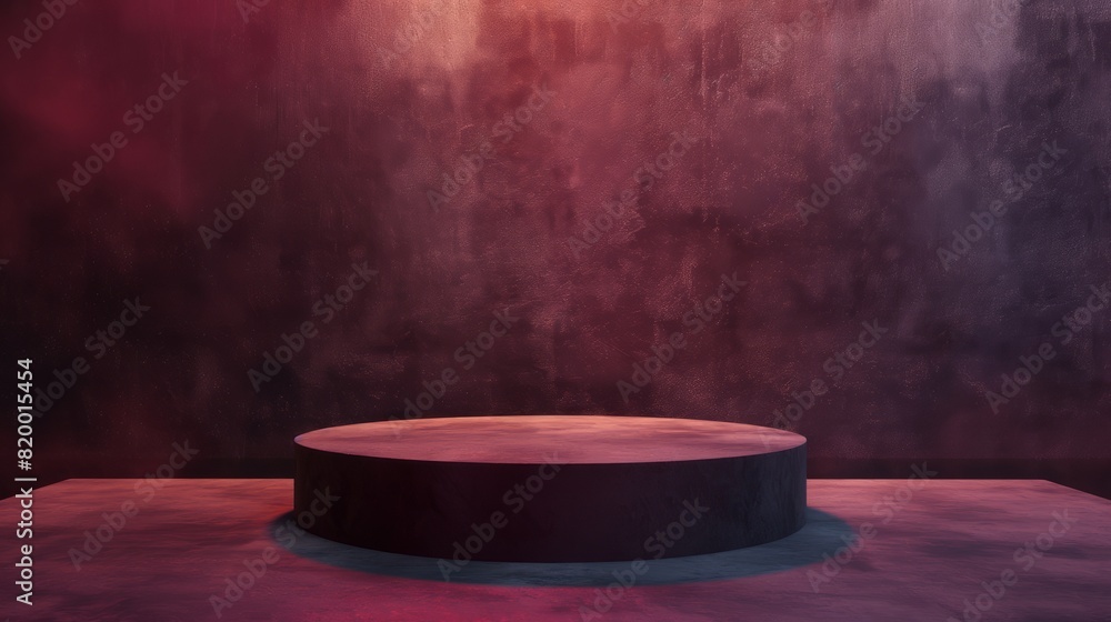 An empty podium on a velvet background, dark bordeaux color, minimalism, a showcase for displaying goods. 3D rendering. An empty podium on a velvet background, dark bordeaux color, minimalism, a showcase for displaying goods. 3D rendering.