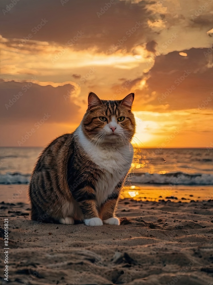 Obraz premium A curious tabby cat surveys its domain, perched atop a fence and a grassy rooftop