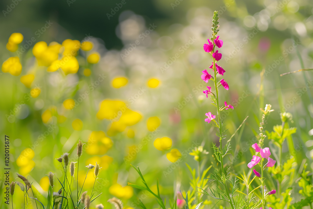 Vibrant wild flowers bloom in a spring meadow, creating a colorful and serene natural landscape. Perfect for nature and environmental themes.