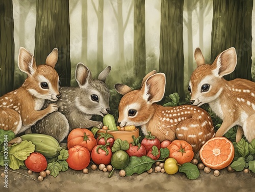 Four deer are eating vegetables and fruit. The vegetables include tomatoes, carrots, and cucumbers. The fruit includes oranges and apples. The scene is peaceful and serene photo