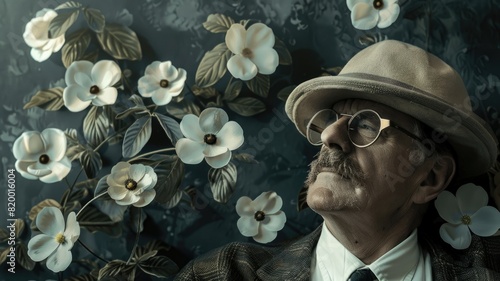 Elderly man with mustache wearing hat against floral patterned background photo