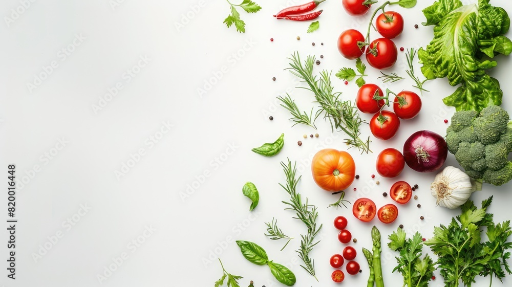 Assorted fresh vegetables and herbs spread on white background Assorted fresh vegetables and herbs spread on white background