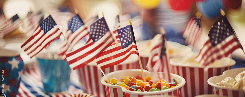 Obraz premium Festive 4th of July Decorations with US Flags and Patriotic Colors