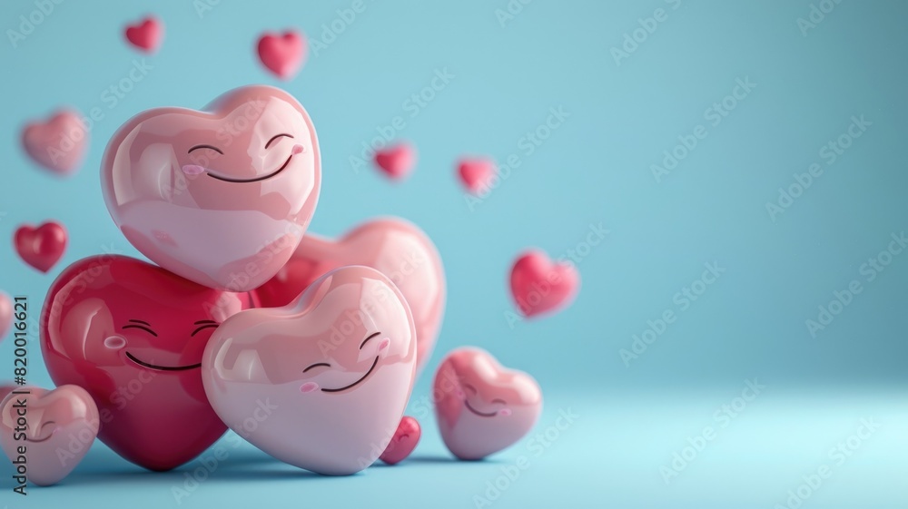 Smiling heart-shaped figures on blue background, representing love and happiness Smiling heart-shaped figures on blue background, representing love and happiness