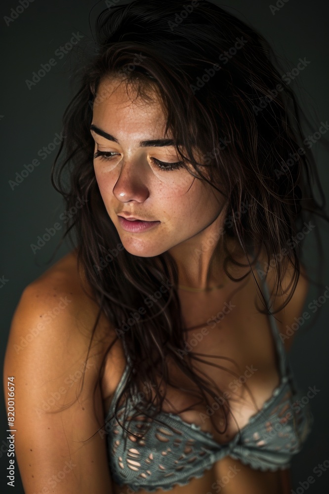 Intimate Portrait of a Woman in a Crochet Bikini Top, Capturing Natural Beauty and Tranquil Elegance Intimate Portrait of a Woman in a Crochet Bikini Top, Capturing Natural Beauty and Tranquil Elegance