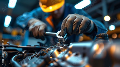 the skilled hands of a car technician as they use a socket wrench to tighten a bolt on an engine component
