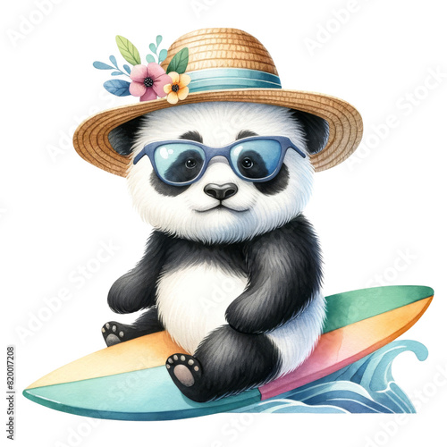 Adorable cartoon panda wearing a straw hat with flowers and sunglasses  sitting on a colorful surfboard  ready for a beach adventure. 