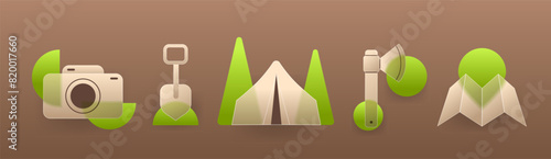Glass morphism camping icon set. Tourist travel vector symbol