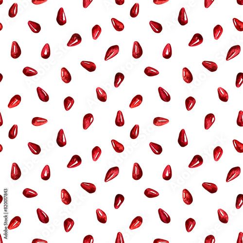 Watercolor pomegranate seeds seamless pattern with exotic red fruits on white background. Hand drawn Design for cosmetics, spa, pomegranate juice, health care products, perfume