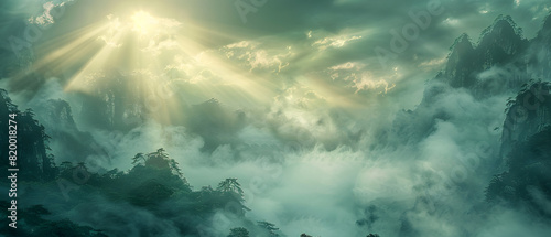 This digital rendering shows majestic green mountains and clouds illuminated by divine light, translating a feeling of awe and tranquility photo