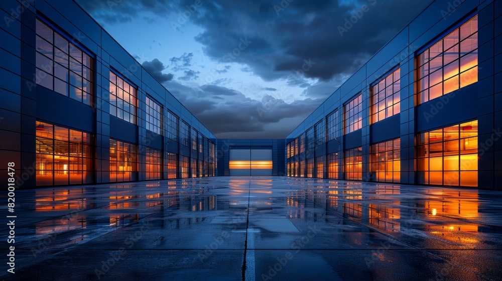industrial building exterior at dusk with a dramatic sky and reflective wet surface. industrial building exterior at dusk with a dramatic sky and reflective wet surface.