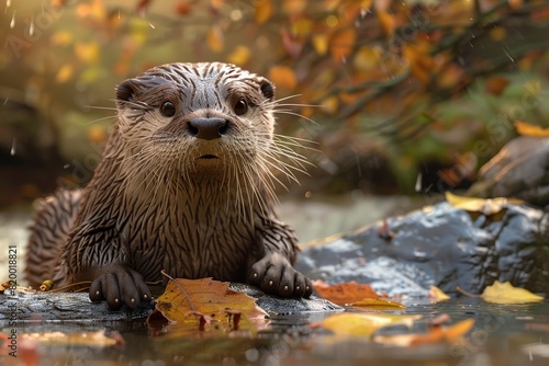 Otter in Water with Leaves