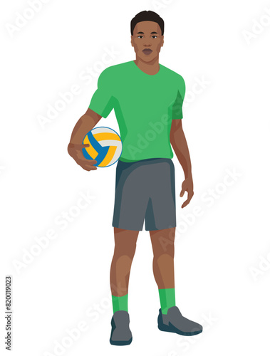 Professional African volleyball player in a green T-shirt who stands straight with a ball in his hand