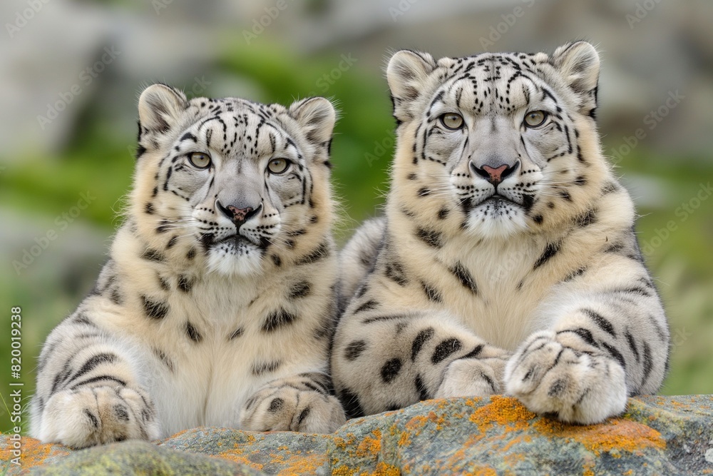 Fototapeta premium A close-up portrait of two snow leopards in their mountain habitat, looking directly at the camera. Horizontal. Space for copy.