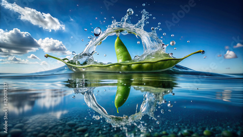 Macro shot of a green bean hitting water, causing a splash, with the vast sky visible behind 