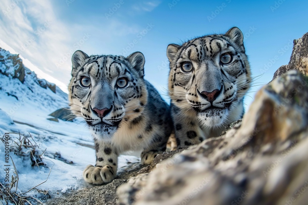 A close-up portrait of two snow leopards in their mountain habitat, looking directly at the camera. Horizontal. Space for copy. A close-up portrait of two snow leopards in their mountain habitat, looking directly at the camera. Horizontal. Space for copy.