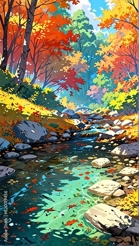 river stream flowing through rocks, forest, trees, Anime style illustration, anime background, manga, vibrant, cartoon vector art