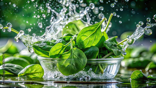 Spinach leaves dropping into water, forming a dynamic splash, with a lush greenery backdrop.